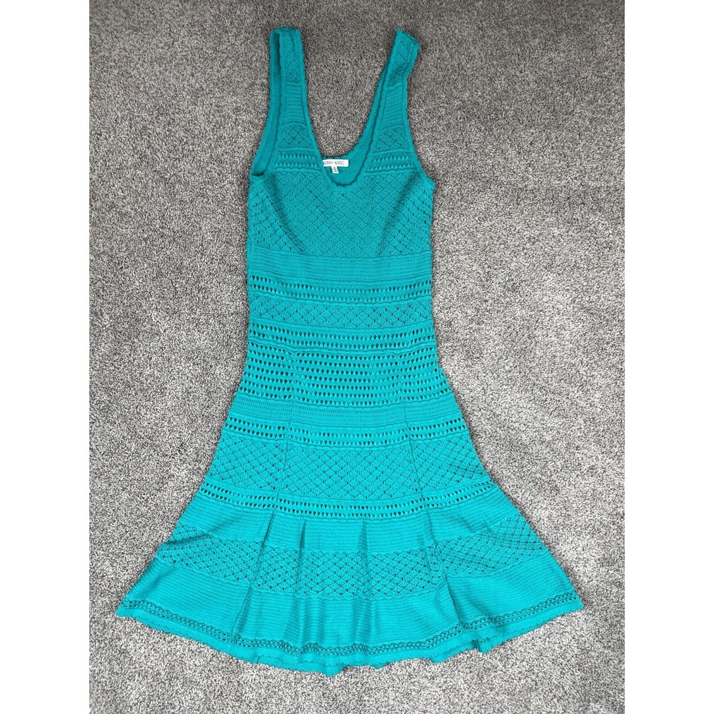 Ronny Kobo Collection Teal Crochet Knit Mini Dress